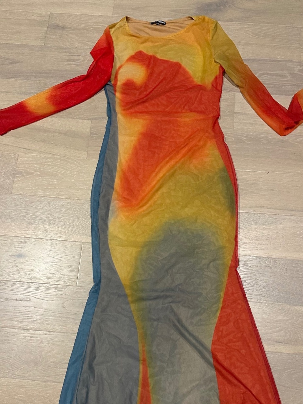 long sleeve multicolor mesh maxi fitted dress